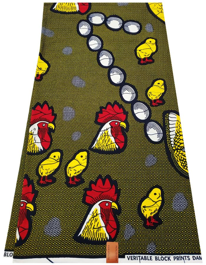 African Ankara Wax Print Fabrics -Chicken Family Design-Yellow, White, Red, Black,- Sell by 6 Yards-100% Cotton- for Dresses