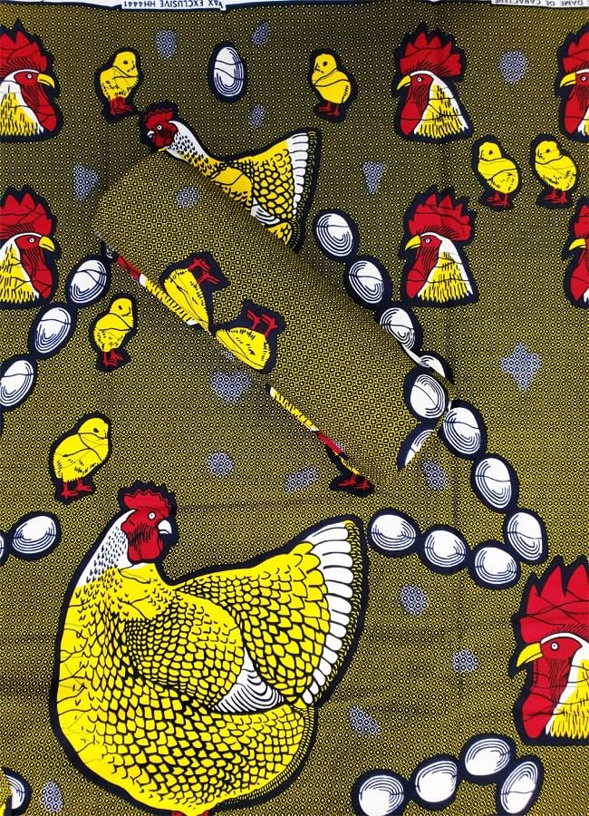 African Ankara Wax Print Fabrics -Chicken Family Design-Yellow, White, Red, Black,- Sell by 6 Yards-100% Cotton- for Dresses