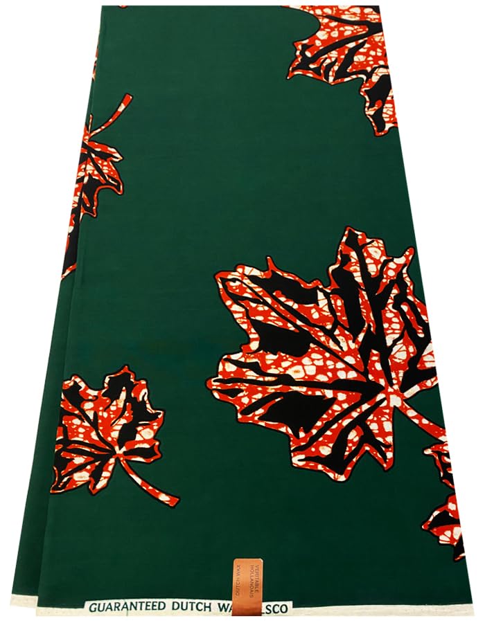 Leaves Design -African Ankara Wax Print Fabrics -Army-Green, Red-Orange, Black, White- Sell by 6 Yards-100% Cotton- for Dresses