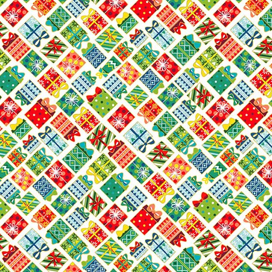 Christmas Themed Fabrics - Andover Fabrics - Cut by The Yard (White - Presents)