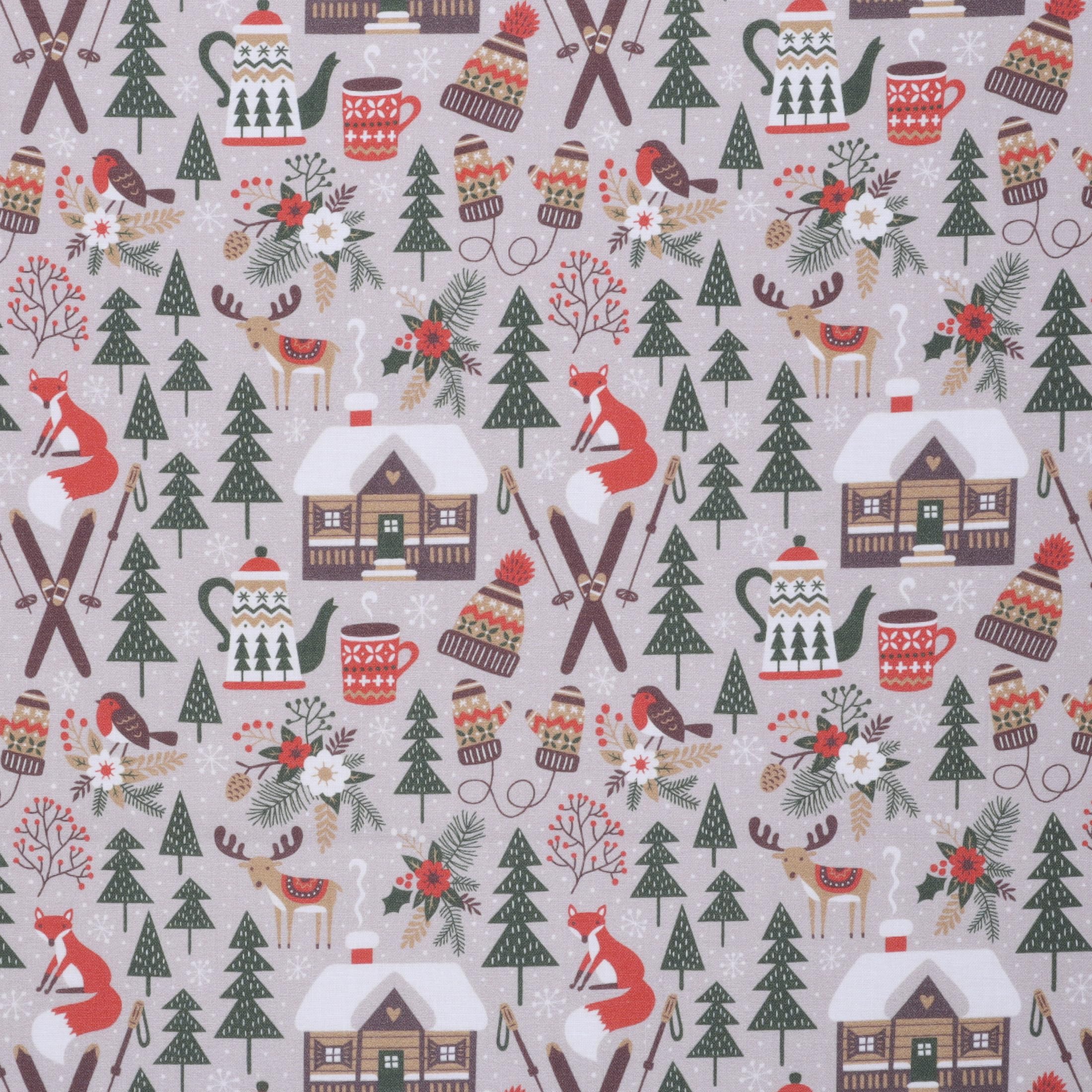 Mook Fabrics Cotton Christmas Winter Wonderland, Pewter Cut by The yard