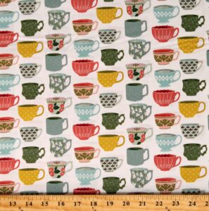 cotton tea cups mugs dishes coffee tea with bea white cotton fabric print by the yard (c10492)
