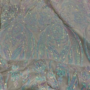 White Iridescent Geometric Stretch Sequin Fabric by The Yard | 4 Way Stretch Fabric Spandex Lace Fabric | White Stretch Mesh Embroidery with 3mm Sequin | White Iridesecent Sequin Fabric-Per Yard