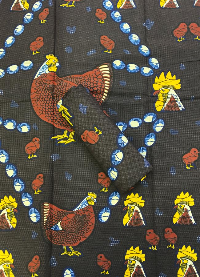 African Ankara Wax Print Fabrics - Chicken Family-Chocolate-Brown, Yellow, White, Dark-Blue, Cream - Sell by 6 Yards-100% Cotton- for Dresses