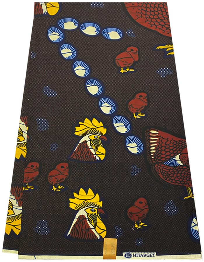 African Ankara Wax Print Fabrics - Chicken Family-Chocolate-Brown, Yellow, White, Dark-Blue, Cream - Sell by 6 Yards-100% Cotton- for Dresses