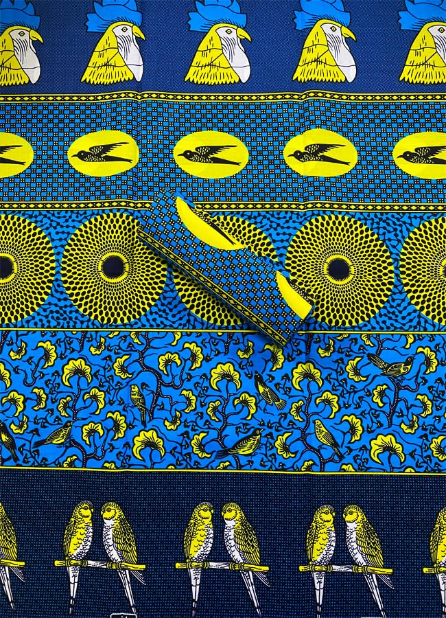 Patchwork Bird/Circle Design African Guaranteed Wax Block Prints Fabric/African Ankara Wrapper Fabric Wax Fabrics /-Sell by 6 Yards-100% Cotton-for Dresses-Sky-blue, Yellow, White, Black