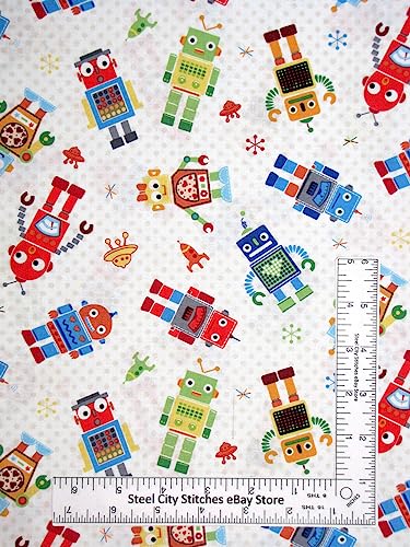 FlashPhoenix Quality Sewing Fabric – Robot Fabric Multi Color Rocket Robots White 100% Cotton Size; 1.6 Yard