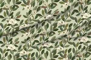 spoonflower fabric - magnolia blooms green white flowers botanical floral printed on petal signature cotton fabric by the yard - sewing quilting apparel crafts decor