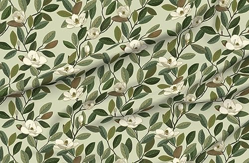 Spoonflower Fabric - Magnolia Blooms Green White Flowers Botanical Floral Printed on Petal Signature Cotton Fabric by The Yard - Sewing Quilting Apparel Crafts Decor