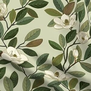 Spoonflower Fabric - Magnolia Blooms Green White Flowers Botanical Floral Printed on Petal Signature Cotton Fabric by The Yard - Sewing Quilting Apparel Crafts Decor