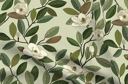 Spoonflower Fabric - Magnolia Blooms Green White Flowers Botanical Floral Printed on Petal Signature Cotton Fabric by The Yard - Sewing Quilting Apparel Crafts Decor