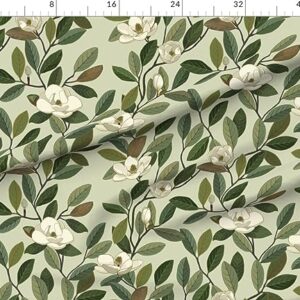 Spoonflower Fabric - Magnolia Blooms Green White Flowers Botanical Floral Printed on Petal Signature Cotton Fabric by The Yard - Sewing Quilting Apparel Crafts Decor