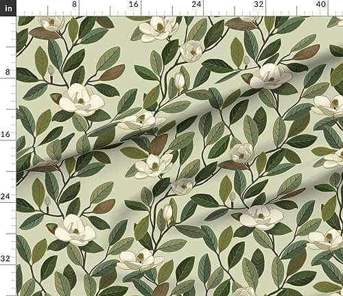 Spoonflower Fabric - Magnolia Blooms Green White Flowers Botanical Floral Printed on Petal Signature Cotton Fabric by The Yard - Sewing Quilting Apparel Crafts Decor