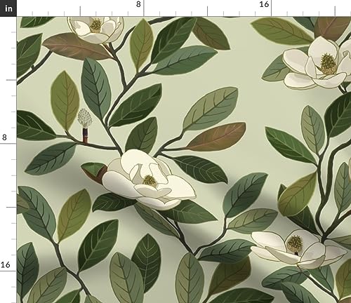 Spoonflower Fabric - Magnolia Blooms Green White Flowers Botanical Floral Printed on Petal Signature Cotton Fabric by The Yard - Sewing Quilting Apparel Crafts Decor