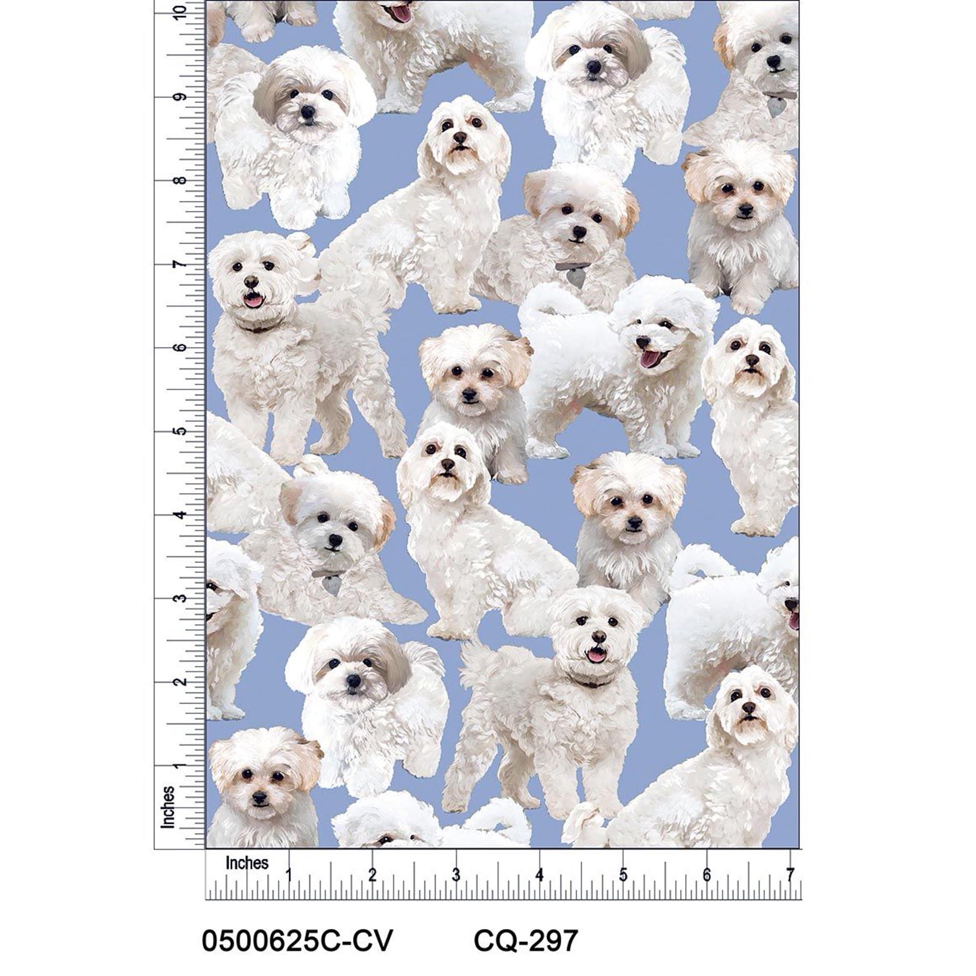 Maltipoo Design Printed on 100% Cotton Quilting Fabric by The Yard (Blue, White, Black)