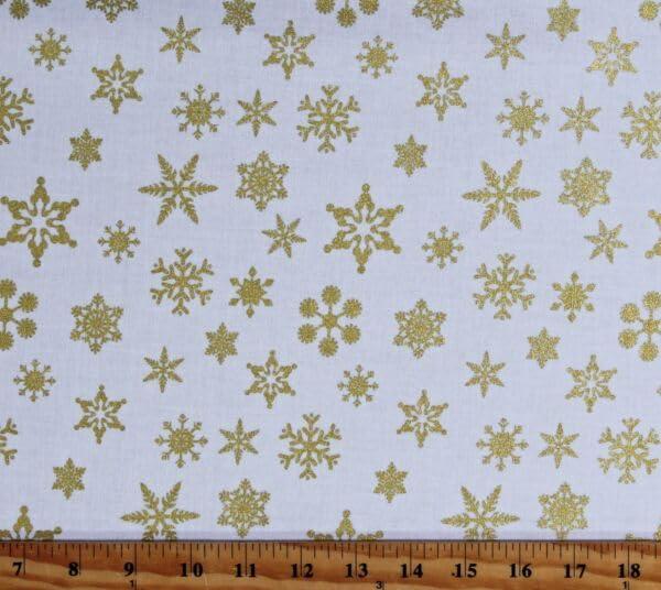 FlashPhoenix Quality Sewing Fabric – 100% Cotton Snowflakes Gold Metallic on White Fabric Print Size; 36" x 44" Inch (by The Yard) 75