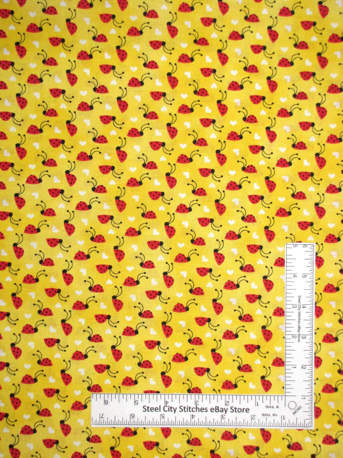 FlashPhoenix Quality Sewing Fabric – Ladybug Fabric Red Lady Bugs White Hearts Yellow 100% Cotton Size; 36" x 44" by The Yard