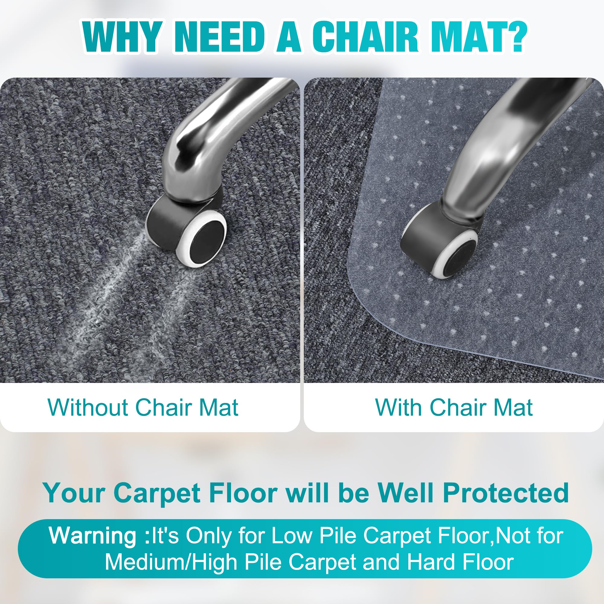 Office Chair Mat for Carpeted Floors, 30'' x 48'' Clear Computer Desk Chair Mat for Low and No Pile Carpeted Floors, Thick and Sturdy Carpet Protector, Easy Glide and Flat Without Curling