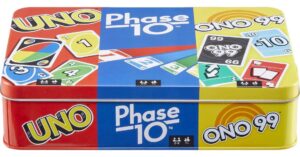 mattel games set of 3 games with uno, phase 10 & ono 99, travel games for kids & family night with storage tin box (amazon exclusive)