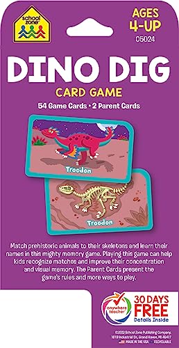 School Zone - Dino Dig Card Game - Ages 4+, Preschool to Kindergarten, Dinosaurs, Dinosaur Names, Counting, Matching, Vocabulary, and More (School Zone Game Card Series)