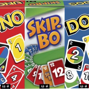 Mattel Games Set of 3 Games with UNO, Skip-Bo & DOS, Travel Games for Kids & Family Night with Storage Tin Box