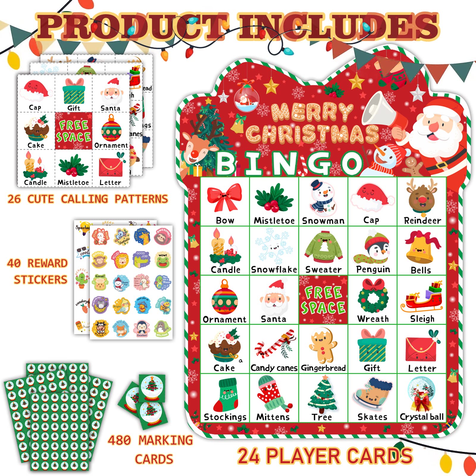 HomSeon 39Pcs Christmas Bingo Game for Kids Adults 24 Players Bingo Cards Christmas Games with Reward Stickers Xmas Activities Family Party Game