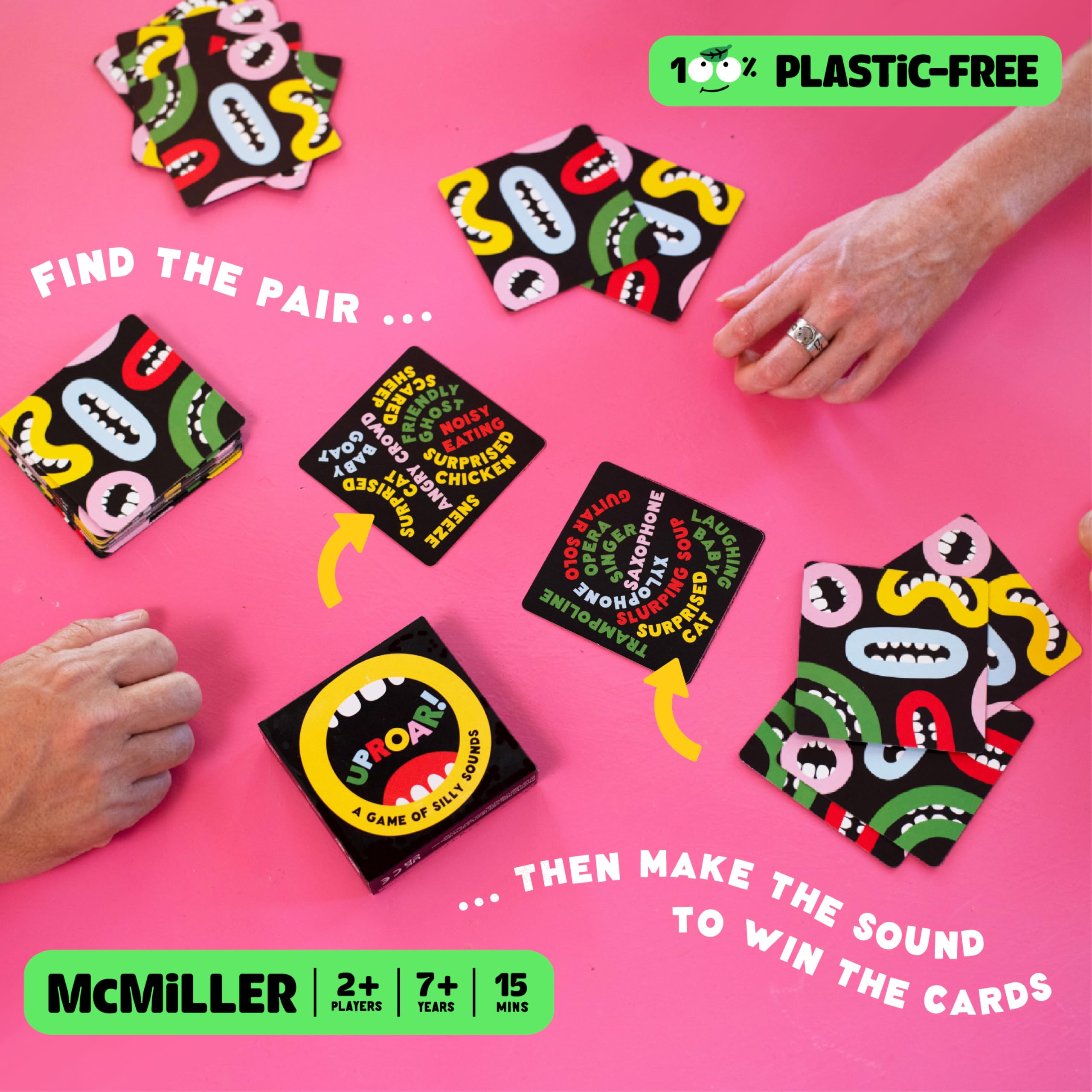 UpRoar! The Card Game of Silly Sounds - Funny Plastic-Free Family Games for Kids, Teens, and Adults, 2+ Players, Ages 7+, Eco, Sustainable, for Party, Fun, Birthday, Game Night, Easter, and Travel.