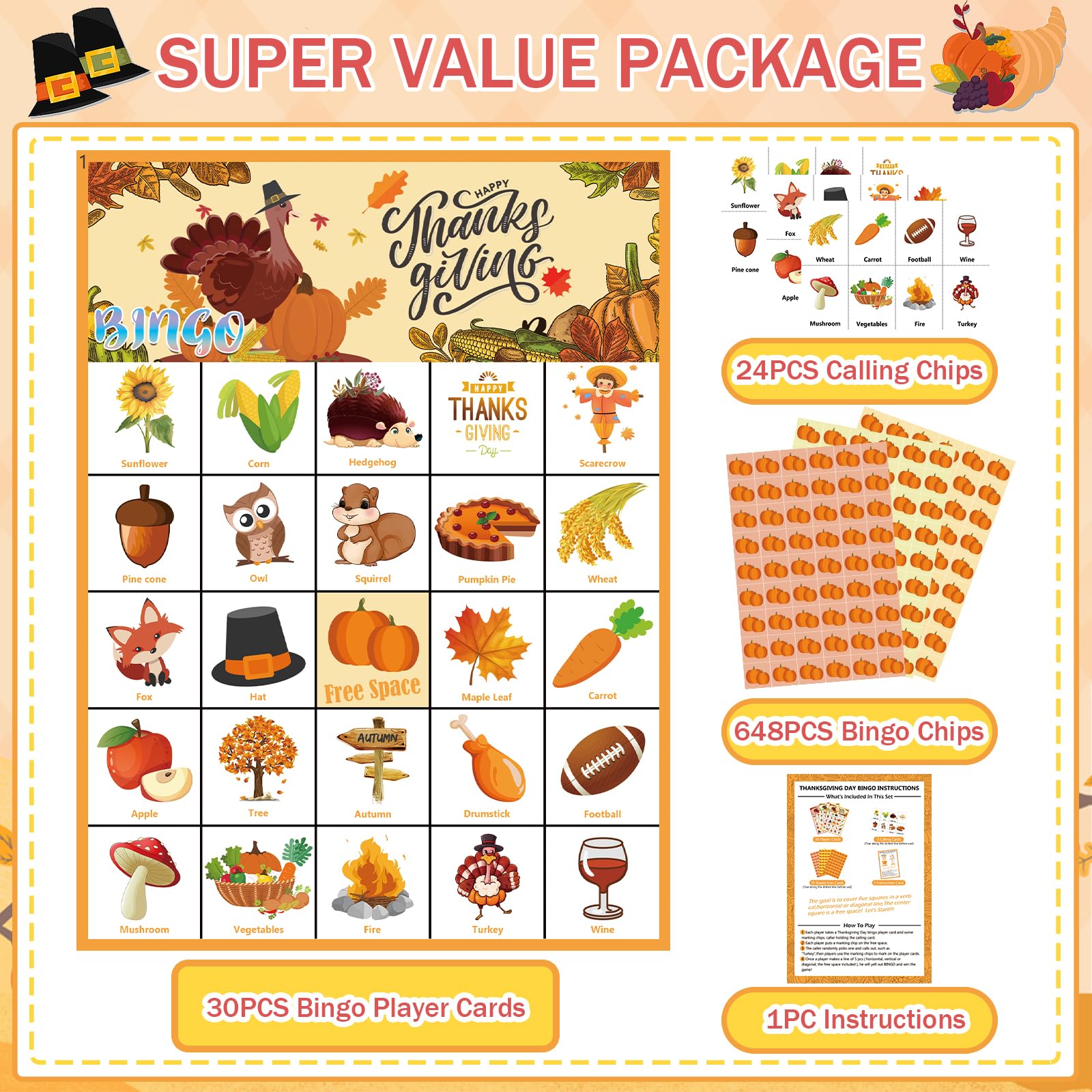 VESPRO 46PCS Thanksgiving Bingo Game Cards for 30 Players Thanksgiving Day Party Games Fall Bingo for Kids Party Classroom Activities