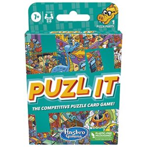 hasbro gaming puzl it game, competitive puzzle card game for ages 7 and up, kids game, family game for 2 to 6 players, pizza party theme, puzzle games