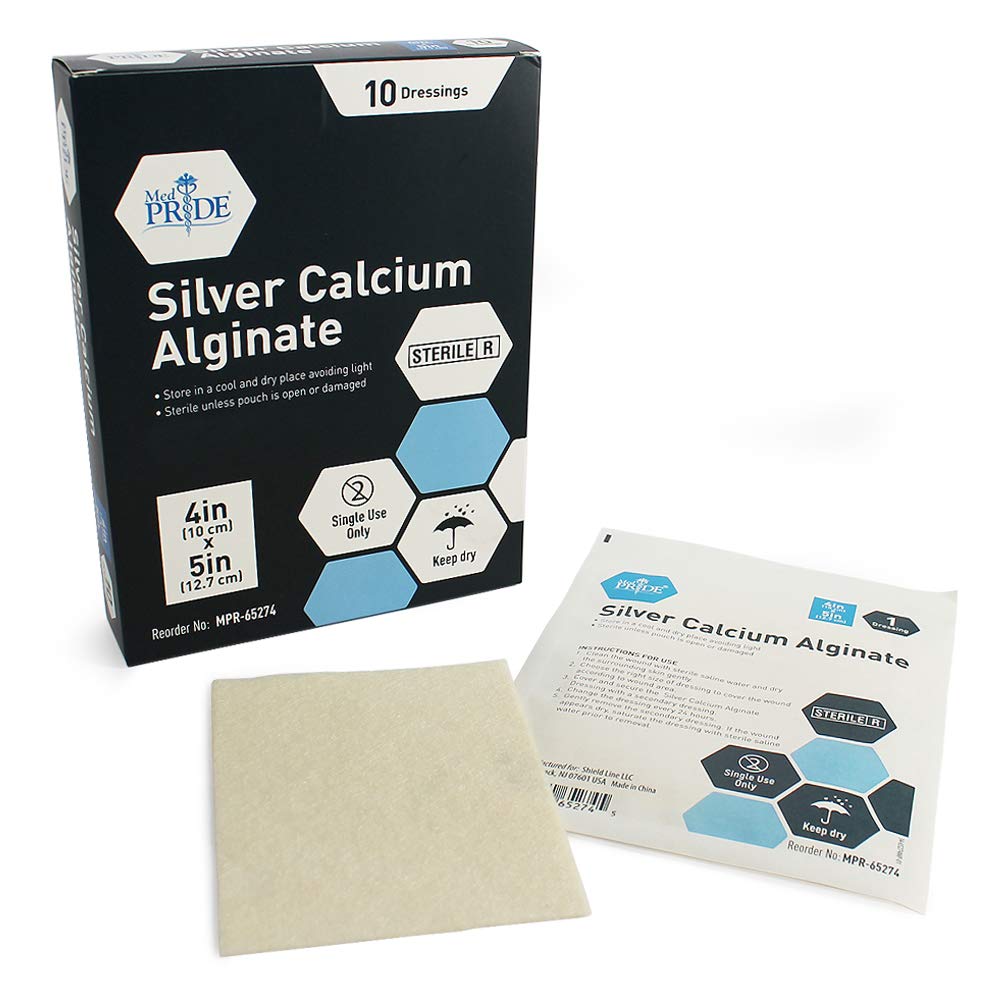 MED PRIDE Silver Calcium Alginate 4" x 5" Wound Dressing Pads| 10-Pack, Antimicrobial, Non-Stick Padding, Sterile, Highly Absorbent & Comfortable|