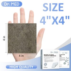 Dr. Med Silver Calcium Alginate Wound Dressing 4''x4'' Patches, 10 Individual Pack High Absorbency Ag Alginate Wound Bandage, Non-Adhesive, Painless Removal Gauze for Bedsore, Ulcers, Skin Abrasions