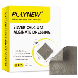 polynew silver calcium alginate dressing, 4"x4"-12 individual pack, highly absorbent ag alginate wound bandage, non-adhesive wound dressing for bed sore, pressure sore, leg ulcer wound health
