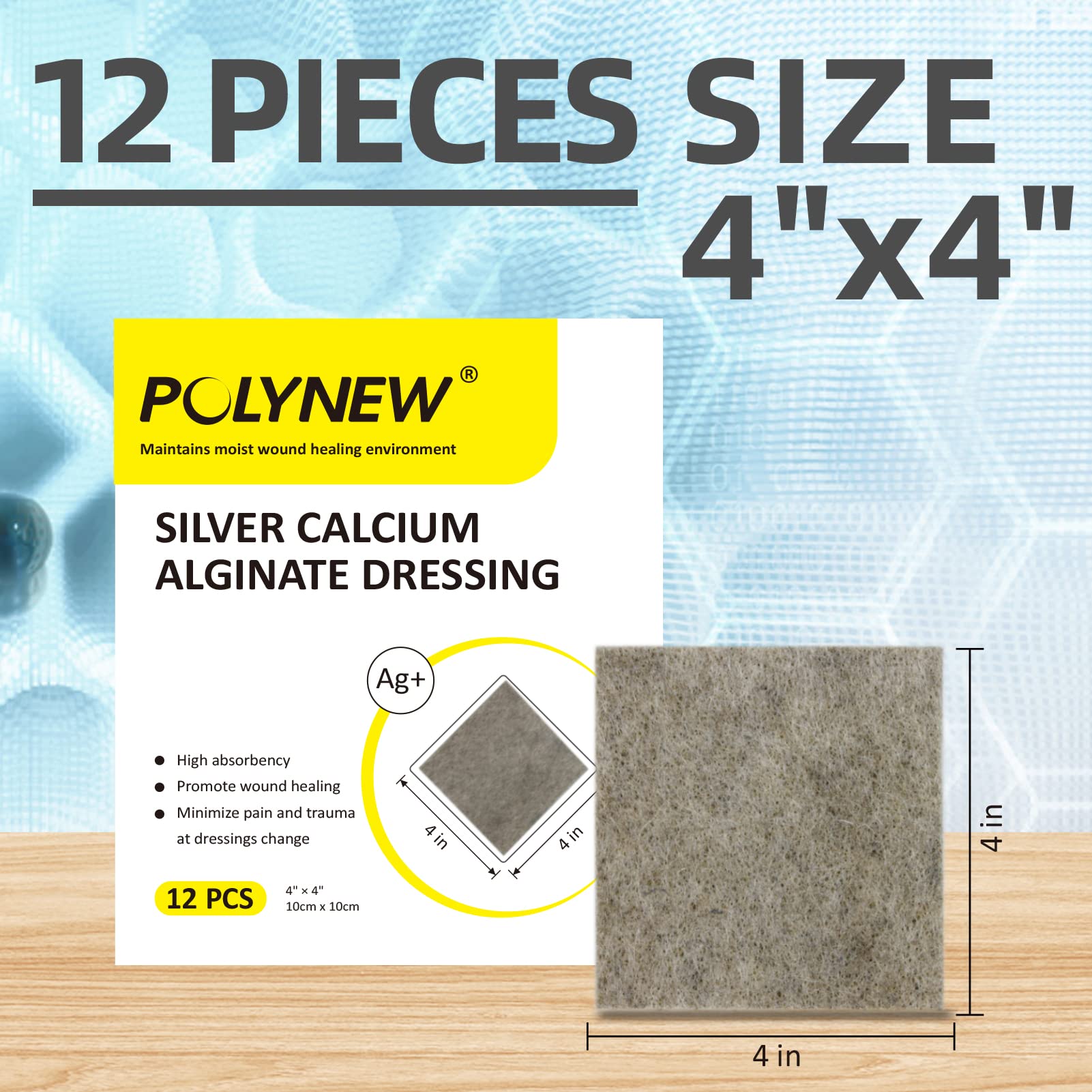 Polynew Silver Calcium Alginate Dressing, 4"x4"-12 Individual Pack, Highly Absorbent Ag Alginate Wound Bandage, Non-Adhesive Wound Dressing for Bed Sore, Pressure Sore, Leg Ulcer Wound Health