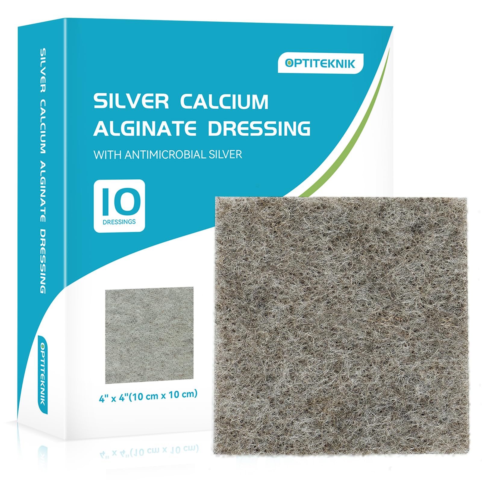 OPTITEKNIK Ag Silver Calcium Alginate Wound Dressing Pads 4"x4" Pack of 10, Soft Silver Dressings for Wound Care, Gentle Highly Absorbent Dressing, Non Stick Gauze Pads for Wounds