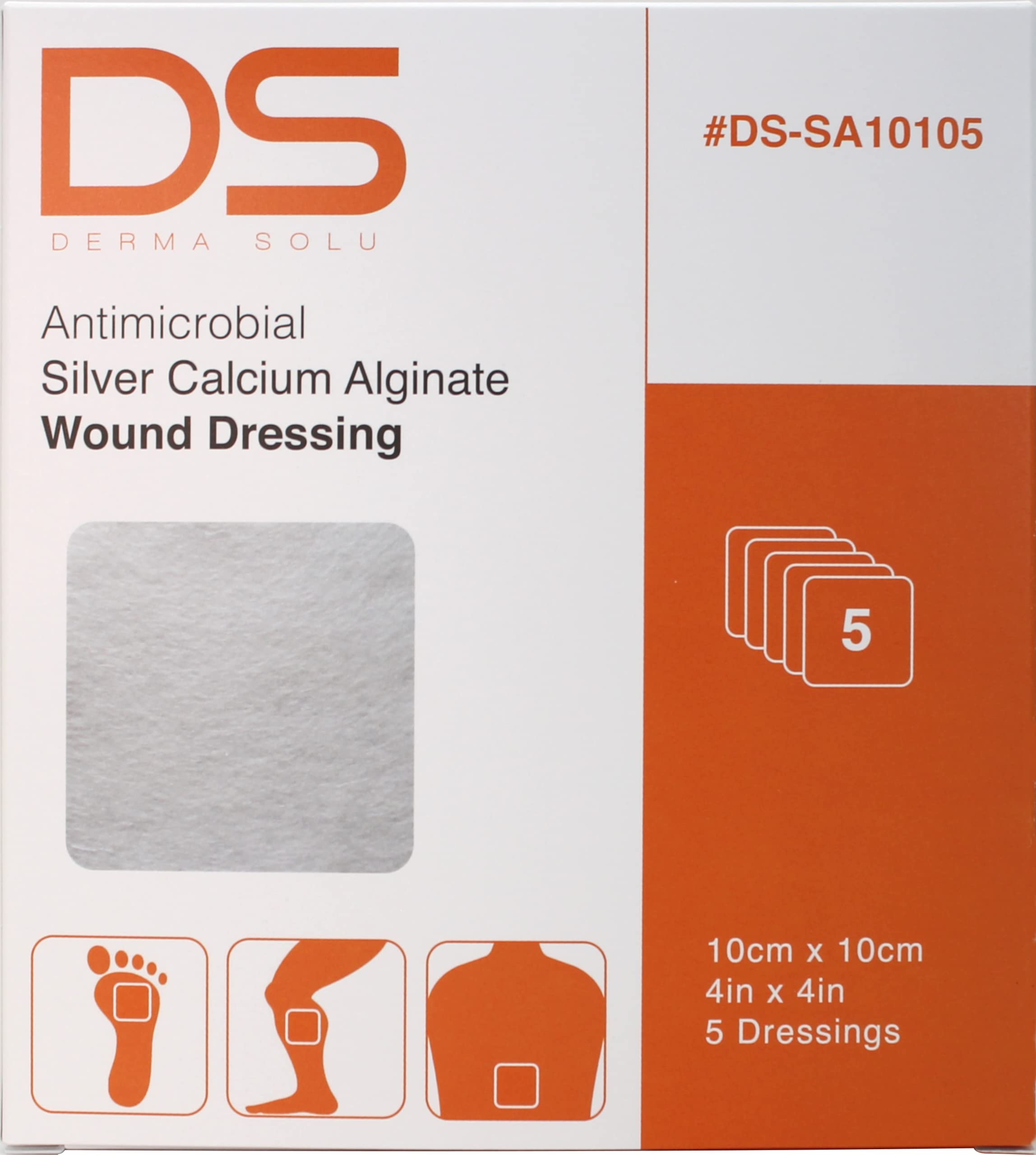 DERMA SOLU 4” x 4” Silver Calcium Alginate Wound Dressing Alginate w/Silver Sterile (4" x 4" (5 Dressings))