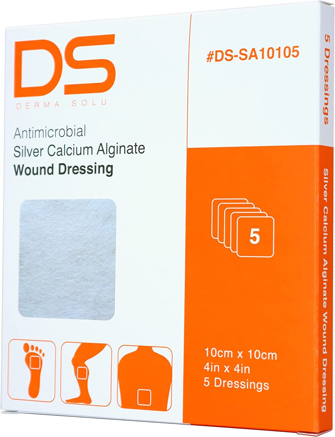 DERMA SOLU 4” x 4” Silver Calcium Alginate Wound Dressing Alginate w/Silver Sterile (4" x 4" (5 Dressings))