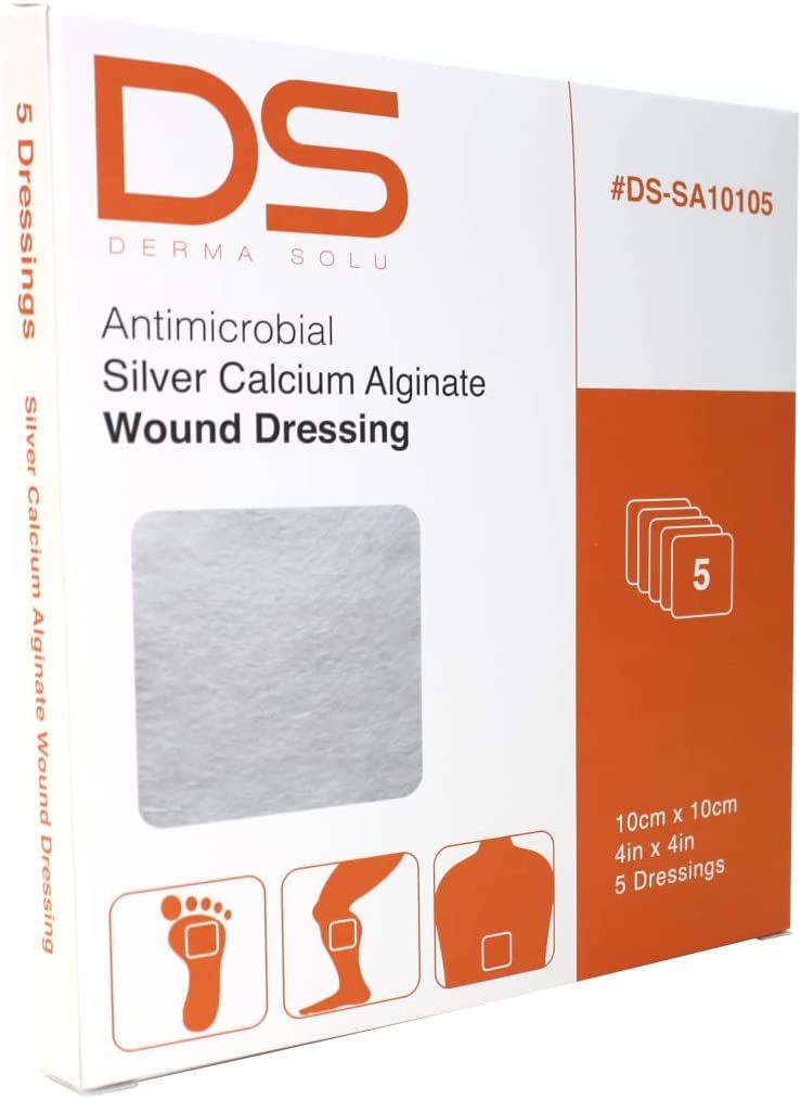 DERMA SOLU 4” x 4” Silver Calcium Alginate Wound Dressing Alginate w/Silver Sterile (4" x 4" (5 Dressings))