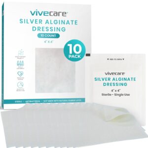 ViveCare Silver Calcium Alginate Wound Dressing - Sterile 4x4 Medical Gauze Pad - Wound Care for Burns, Cysts and Ulcer Treatment - Highly Absorbent Individual Patch - Non-Stick Padding