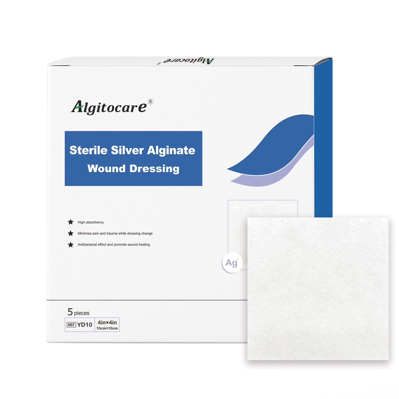 Algitocare Ag Silver Calcium Alginate Wound Dressing - 4"x4"(Pack of 5), Non-Stick Sterile Gauze Pads for Accelerating Wound Healing, High Absorbency and Soft for Wound Care Supplies …