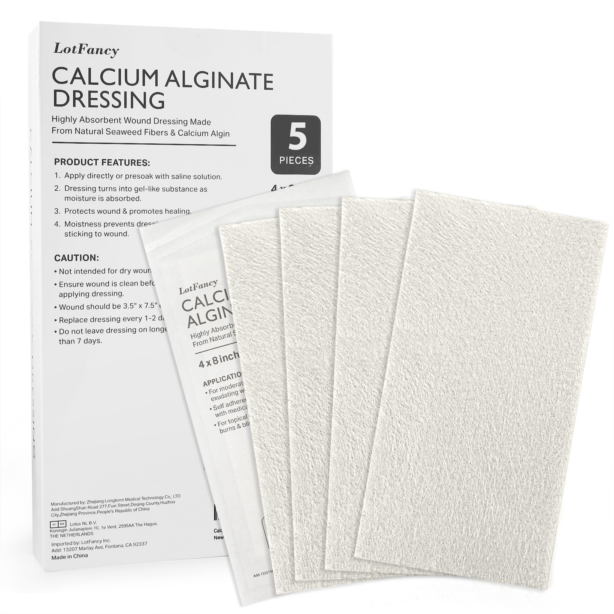 LotFancy Calcium Alginate Wound Dressing Pads, 4” x 8” Patches, 5-Count, Non-Stick Padding, Highly Absorbent, Comfortable, Flexible, Gentle on The Skin, Sterile, Faster Healing