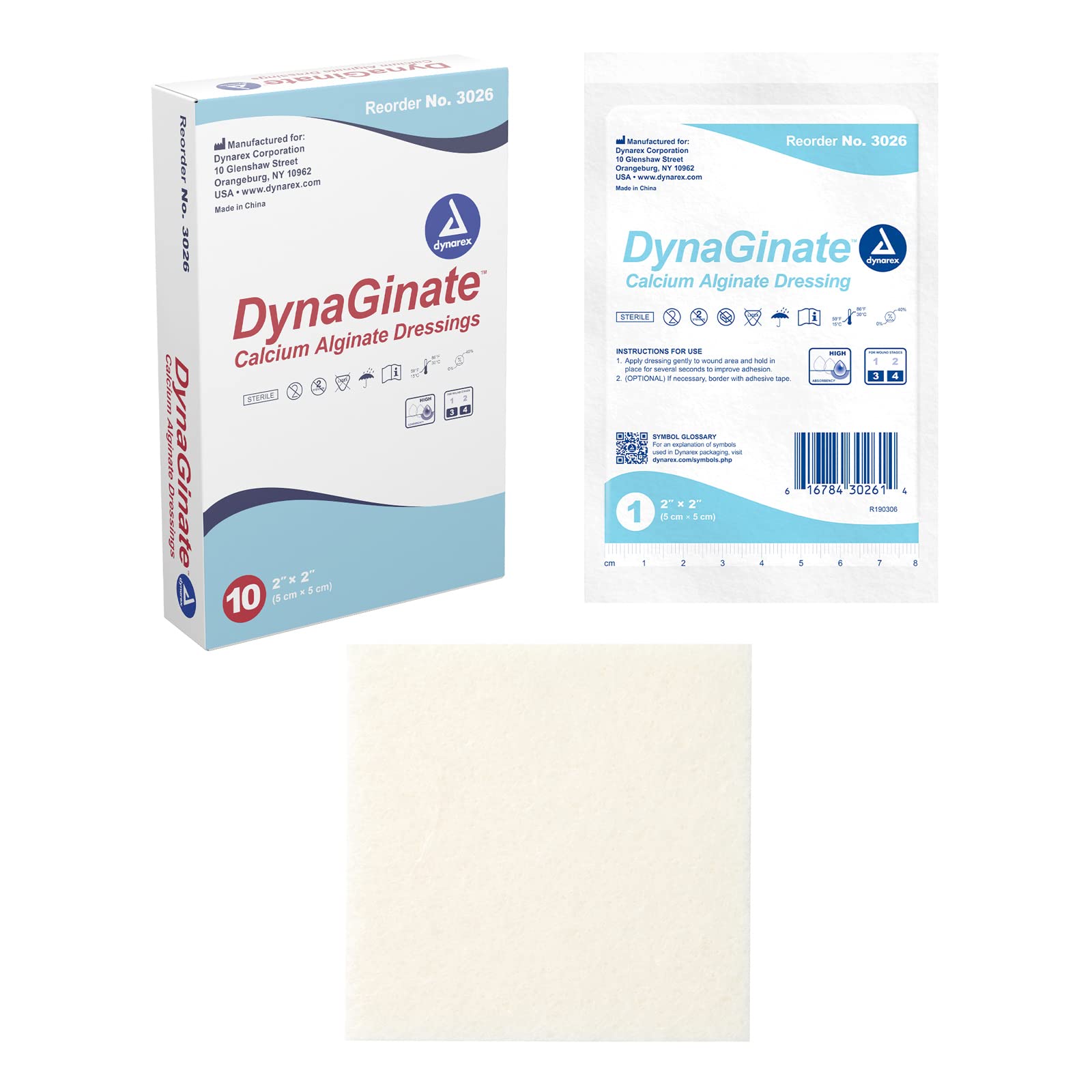 Dynarex DynaGinate Calcium Alginate Wound Dressing - Sterile, Non-Stick Topical Wound Pads - Absorbent Gel Patches for Moderate to High Exuding Cuts - for Medical & Home Use - 2"x 2", Box of 10