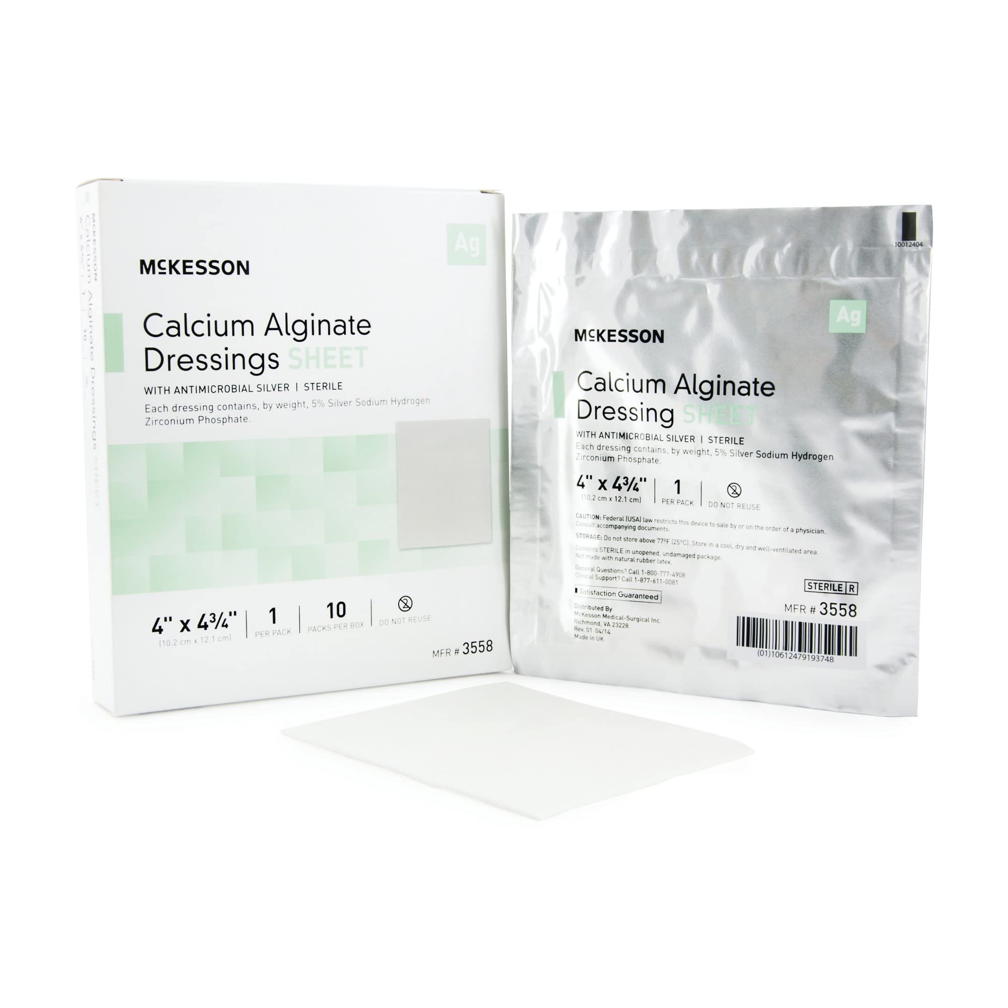McKesson Calcium Alginate Dressing with Antimicrobial Silver, Sterile Gauze Pads, 4 in x 4 3/4 in, 10 Count