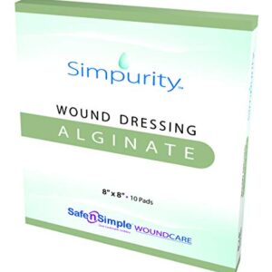 Calcium Alginate Wound Dressing 8" x 8" -Simpurity- Individual Thick Pads Antimicrobial Alginate Dressing Fiber Padding Medical Soft Wound Care for Bed Sore-Pressure Sore-Diabetic Foot, Box of 10