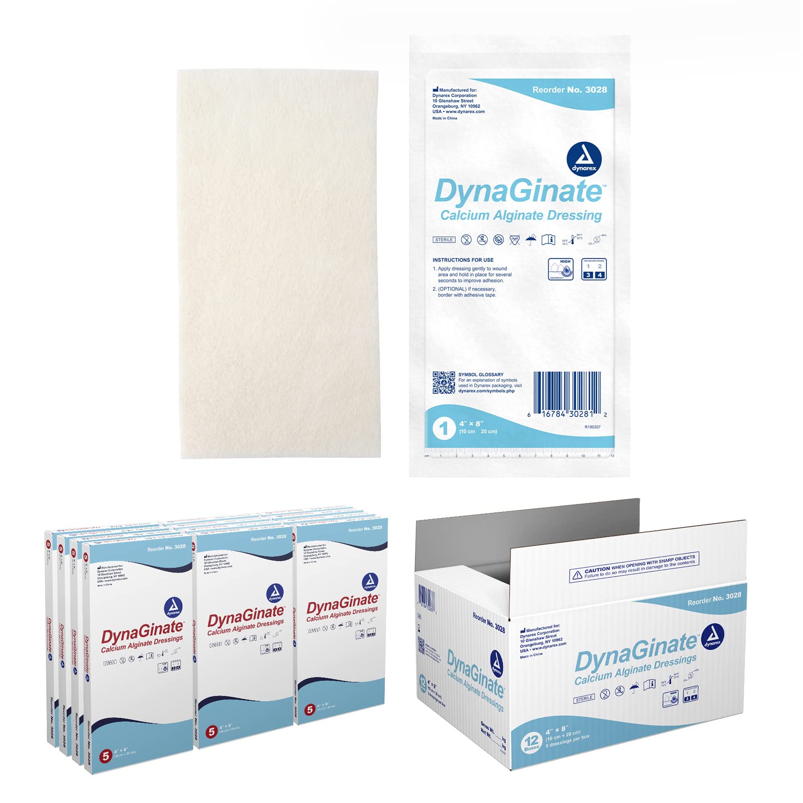 Dynarex DynaGinate Calcium Alginate Wound Dressing - Sterile, Non-Stick Topical Wound Pads - Absorbent Gel Patches For Moderate To High Exuding Cuts - For Medical & Home Use - 4"x 8", 12 Boxes of 5