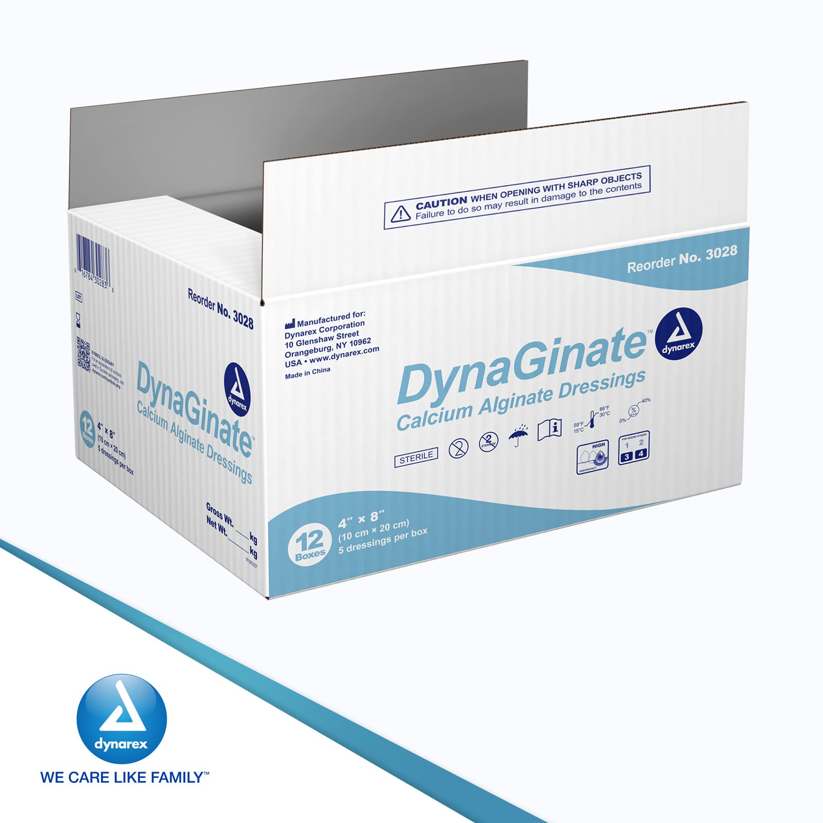 Dynarex DynaGinate Calcium Alginate Wound Dressing - Sterile, Non-Stick Topical Wound Pads - Absorbent Gel Patches For Moderate To High Exuding Cuts - For Medical & Home Use - 4"x 8", 12 Boxes of 5