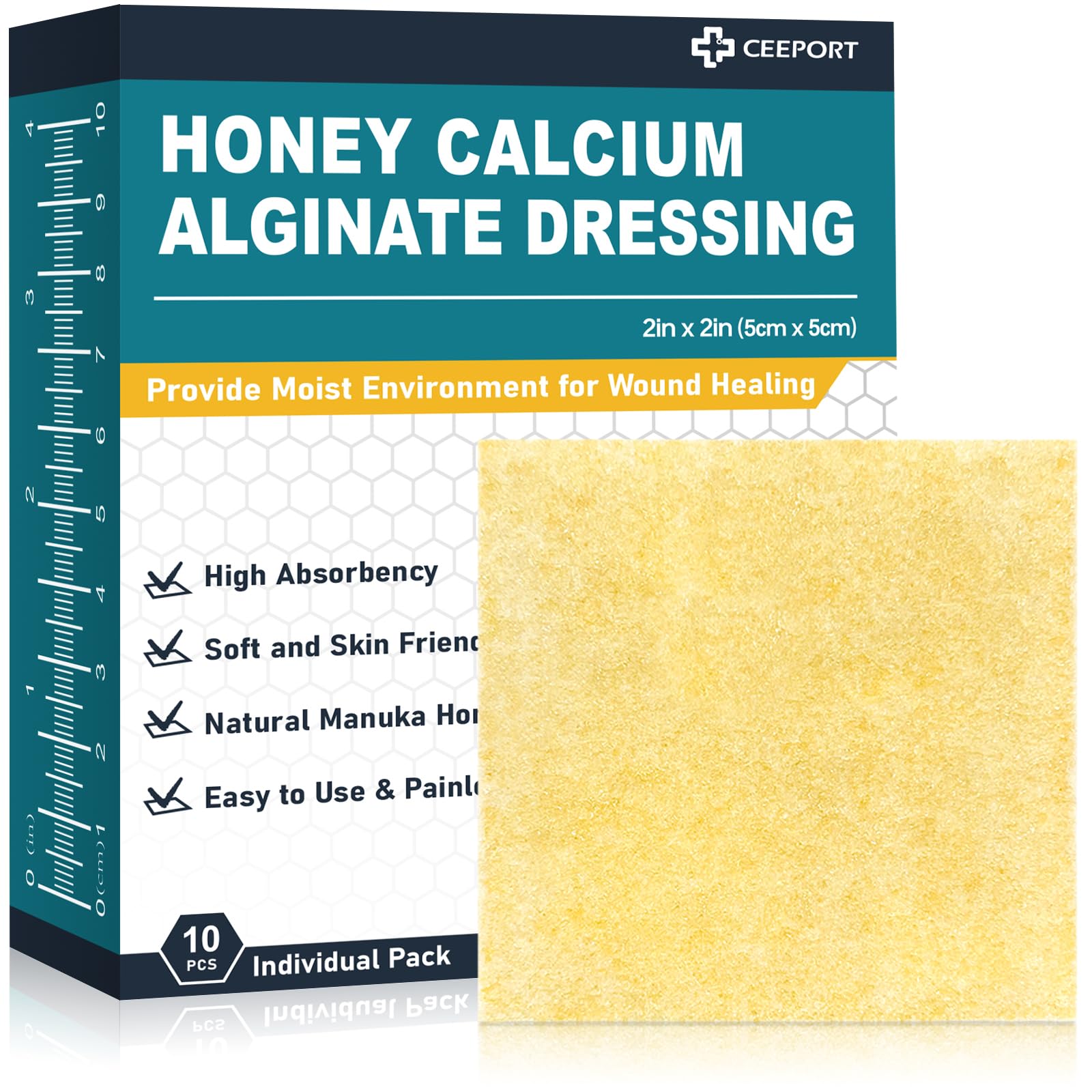 Ceeport Manuka Honey Calcium Alginate Wound Dressing, 2"x 2" High Absorbency Honey Wound Dressing with Calcium Alginate, Medical Grade Manuka Honey Wound Care Bandages Patches for Wounds(Pack of 10)