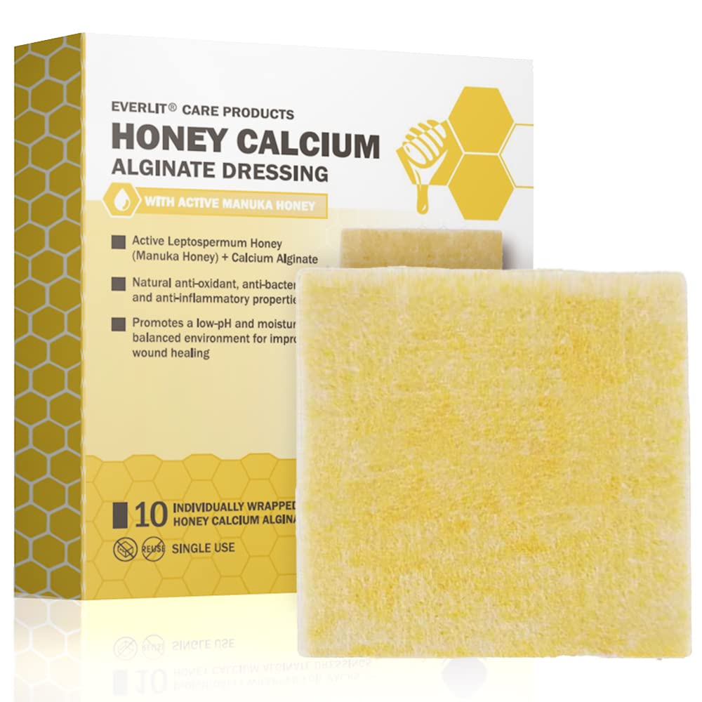 EVERLIT Honey Calcium Alginate Dressing 2” x 2” Pack of 10 | Sterile, Highly Absorbent Dressing With Pure Manuka Honey | Advanced Wound Care For Cuts, Skin Tears, Burns, Pressure Sores, Diabetic Ulcer