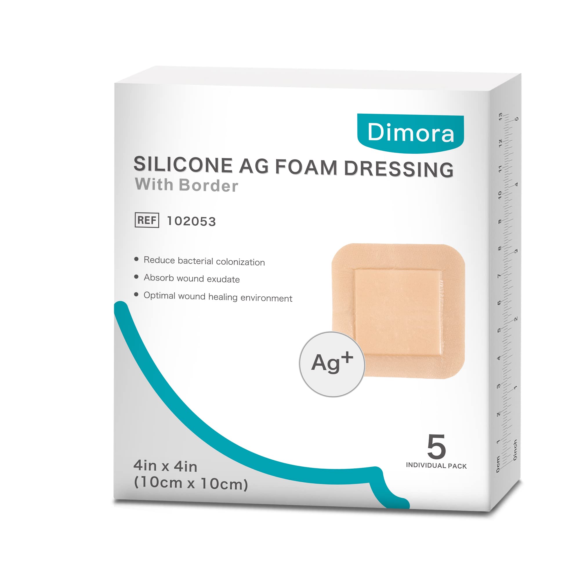 Dimora Silicone Foam Dressing Silver Ag Sterile Wound Bandage with Gentle Silicone Adhesive Border 4"x 4" Waterproof Breathable Ultra Absorbent Pads