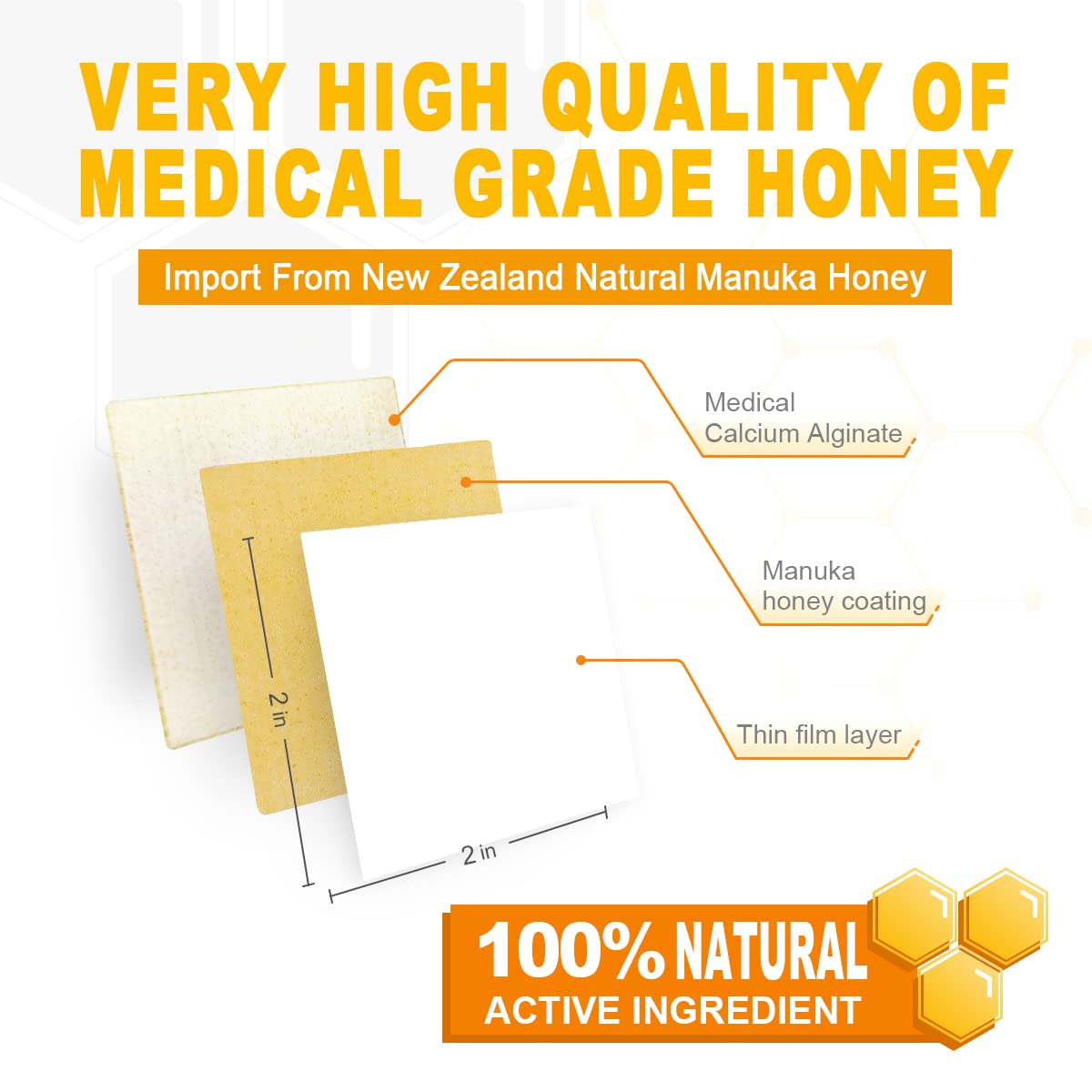 Honey Calcium Alginate Wound Dressing, Honey Would Dressing with Calcium 2"x 2" (10 Pack) Hospital Grade Honey Patches for Faster Wound Care, Minor Burns Cuts - Latex Free