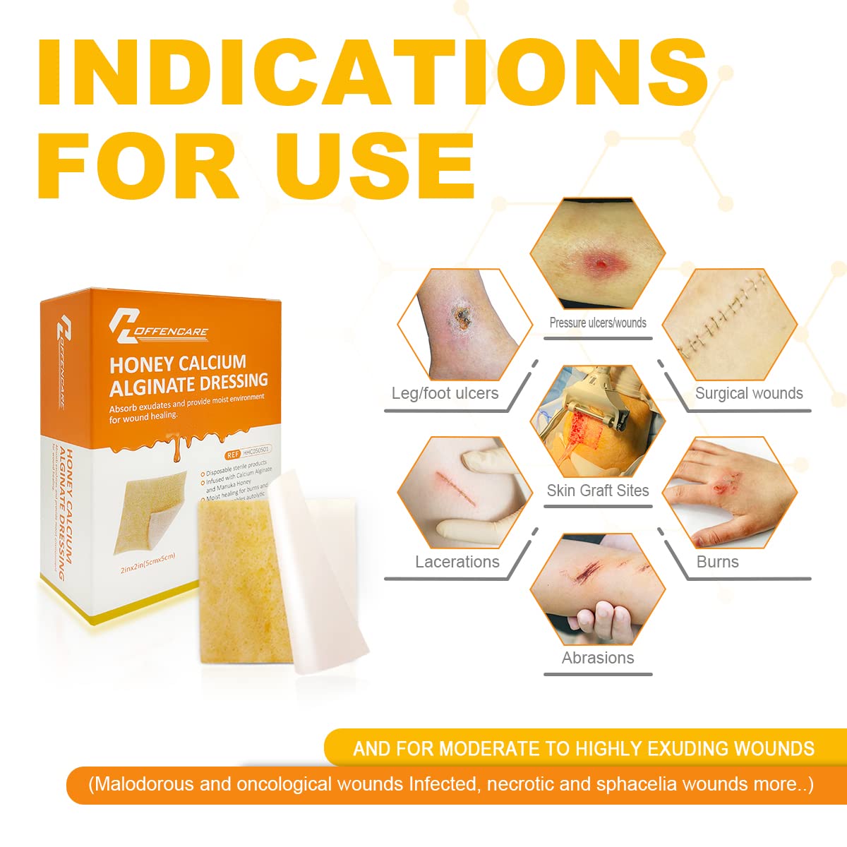 Honey Calcium Alginate Wound Dressing, Honey Would Dressing with Calcium 2"x 2" (10 Pack) Hospital Grade Honey Patches for Faster Wound Care, Minor Burns Cuts - Latex Free